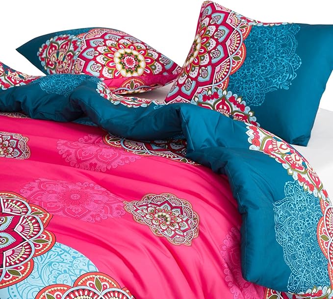 Wake In Cloud - Bohemian Comforter Set, Boho Chic Ornate Floral Elements Pattern Printed for Men Women, Soft Lightweight Bedding, 3 Pieces, Fuchsia Blue, Queen Size