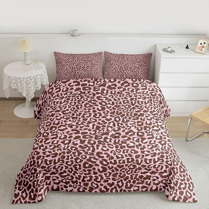 Erosebridal Brown Pink Leopard Comforter for Kids Boys Girls,Wild Animal Skin Toddler Bedding Set,Cheetah Print Duvet Insert,Retro Farmhouse Quilt Bedroom Decor