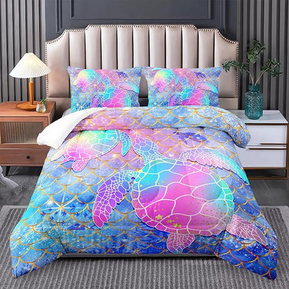 Mermaid Scales Bedding Set for Girls,Rainbow Scales Mermaid Printed Comforter Set Full Size for Kid Women,Glitter Star Bed Set Quilts Set Lightweight Soft Microfiber Warm Down Alternative All Season