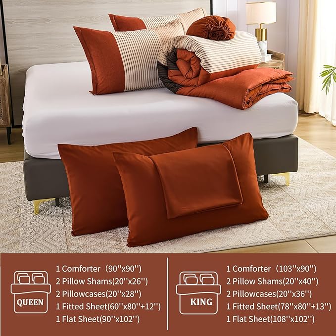 Anibedding Terracotta Queen Comforter Set 7 Pieces, Burnt Orange Bedding Comforter Set for All Season, Patchwork Striped Bed in a Bag with Sheets