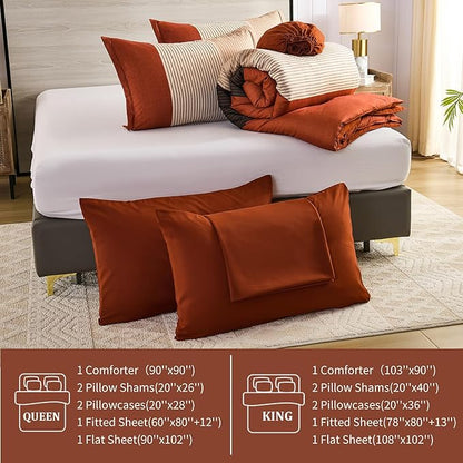 Anibedding Terracotta Queen Comforter Set 7 Pieces, Burnt Orange Bedding Comforter Set for All Season, Patchwork Striped Bed in a Bag with Sheets