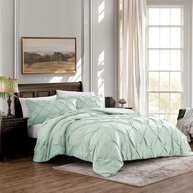 Cathay Home King Bedding - Pintuck 3-Piece Comforter and Sham Set - Ultra Soft & All Season Warmth - Misty Blue