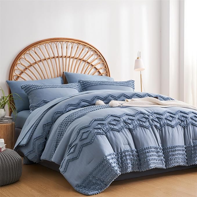 KAKIJUMN Blue Tufted Comforter Set Full Size 7 Piece Bed in a Bag, Shabby Chic Boho Comforter and Sheet Set, Pom Pom Textured Bed Set, All Season Soft Microfiber Complete Bedding Set(Blue,Full)