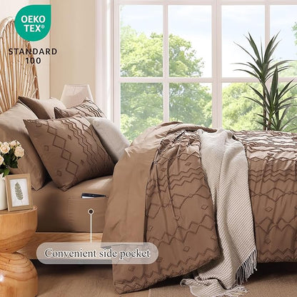 Queen Comforter Set Brown, Tufted Geometric Boho Bedding Farmhouse Bed Set, All Season 7 Pieces Bed in a Bag with Sheets, Pillowcases & Shams
