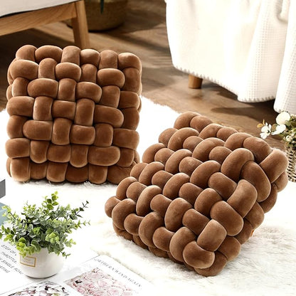 Wenqik 2 Pcs Knot Pillows Square Knotted Plush Throws Soft Accent Pillows Decoration Cushion for Couch Home Office Living Room Bedroom Bed Sofa Decor, 12'' x 13''(Brown,Crystal Velvet)