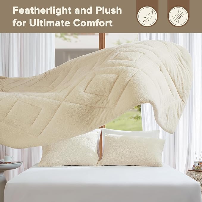 Comfort Spaces Twin Comforter Set Reversible Feather-Soft Plush Comforters for Twin Size Bed All Season Lightweight Shearling Fleece Sherpa Comforter Twin Size Bed Set, Twin/Twin XL, Ivory 2 Piece