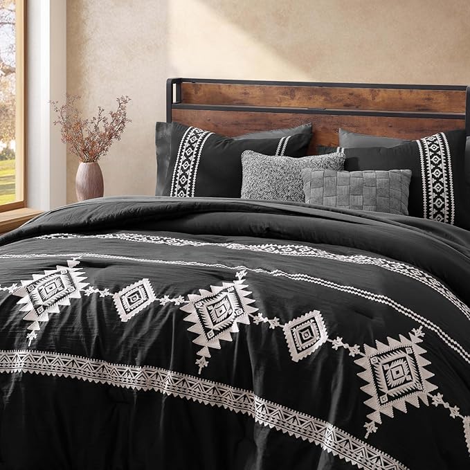 MaiRêve Embroidery Comforter Set, Boho Farmhouse Western Bedding Set, All Season Bed in A Bag Comforter Set with Sheets, Pillowcases & Shams, Black California King 7 Pieces