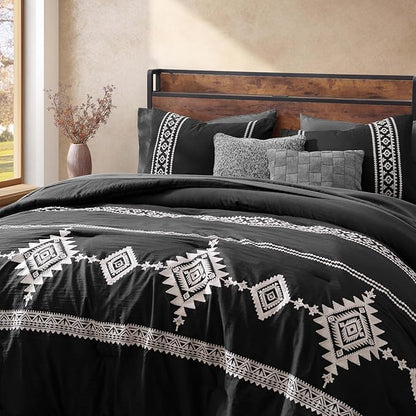 MaiRêve Embroidery Comforter Set, Boho Farmhouse Western Bedding Set, All Season Bed in A Bag Comforter Set with Sheets, Pillowcases & Shams, Black Full 7 Pieces