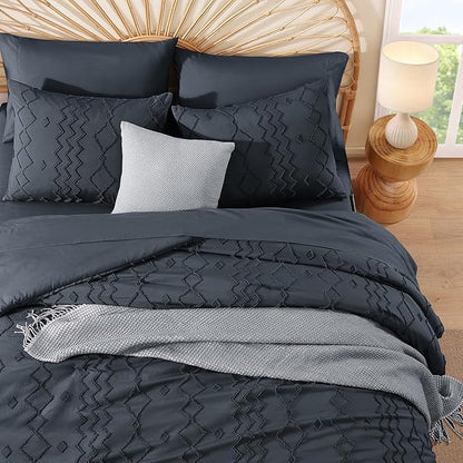 King Size Comforter Set Navy Blue, Tufted Boho Bedding Farmhouse Bed Set, All Season 7 Pieces Bed in a Bag with Sheets, Pillowcases & Shams