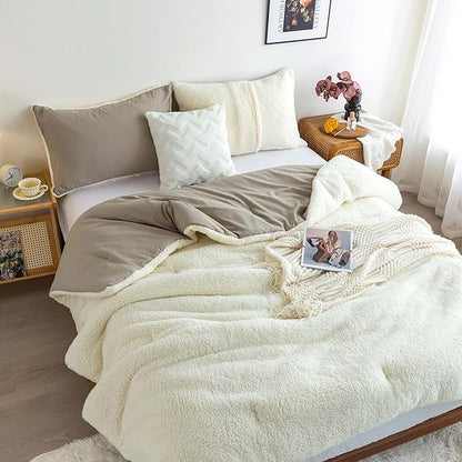 COTTEBED Reversible Sherpa Bed Comforter Queen Set - Lightweight But Warmth Softness Shabby Comforter Set for Full Size Bedding, 3 Piece Fluffy Western Farmhouse Down Comforter Winter, Beige and White