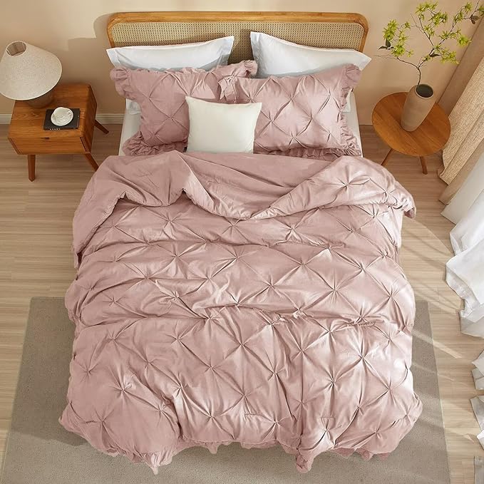 Pink Comforter Set Full Size 3 Pieces for All Season 1 Comforter and 2 Pillowcases Solid Pinch Pleated Ruffles Quilt Princess Shabby Chic Washed Soft Cozy Fluffy Full Bedding Sets for Bedroom