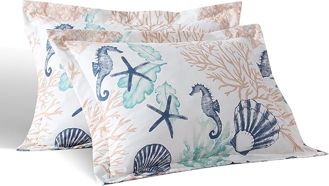 Caribbean Joe King 3-Piece Comforter Set, Tropical Coastal Beach Design Bedding, Seahorse Swimming