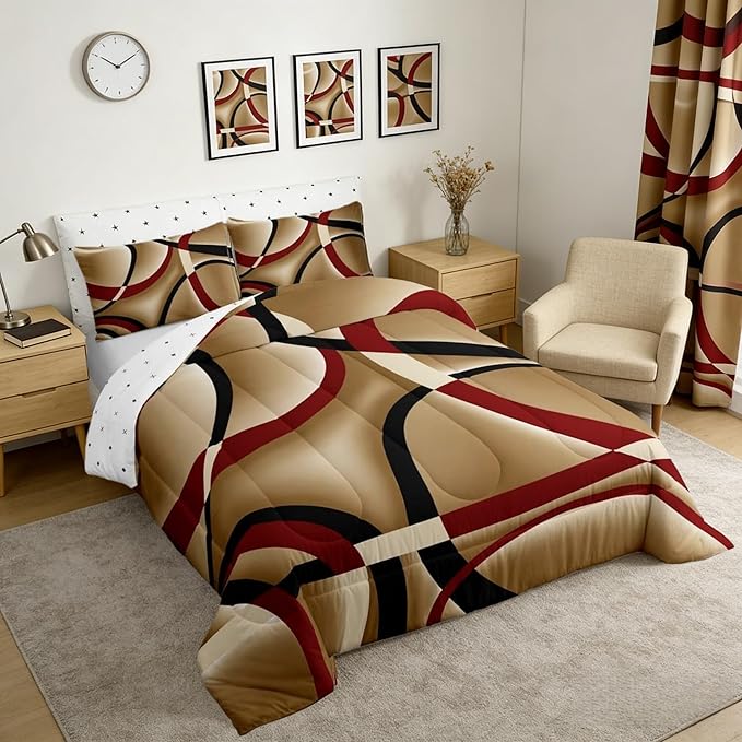 Castle Fairy Circle Geometric Comforter Set Red Brown Black Swirls Bedding Set for Kids Girls Women Adults Abstract Stripes Comforter Retro Style Quilted Duvet Set Bedroom Collection Twin Size 2Pcs
