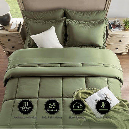 QUIETSEA Queen Bed in a Bag 7 Pieces Comforter Set Queen, Wood Grain Texture Bedding Comforter Set Green Bed Set with Comforter, Pillowcases, Flat Sheet, Fitted Sheet and Pillow Shams