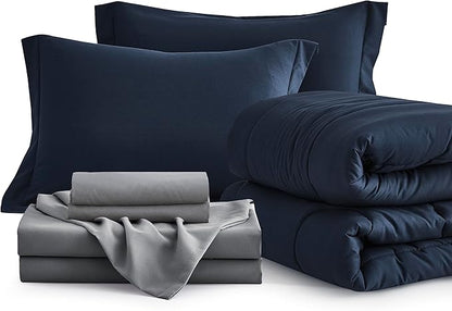 Maple&Stone Twin Comforter Set 5 Pieces Bed in a Bag - Down Alternative Bed Set with Sheets, Pillowcase & Sham, Soft Reversible Duvet Insert for Twin Bed, Navy & Dark Grey