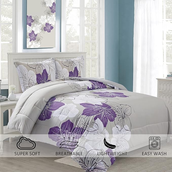 Menghomeus Floral Comforter Set Full Purple Flower Pattern Printed on Grey, Soft Microfiber Bedding Set Lightweight Boho Bed Set for All Season, 3 Piece