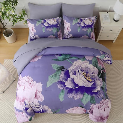 Dobuyly Floral Comforter Set King Size 7 Piece Bed in a Bag, Purple Pink Flower Comforter Set with Sheets, Soft Microfiber Botanical Flower Bedding Set for All Season