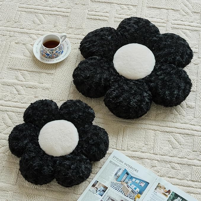 Flower Pillows, Decorative Throw Pillow with Soft Plush for Couch, Flower Shaped Pillow Home Decor Daisy Pillow for Bed (Black, 14.9 Inches)