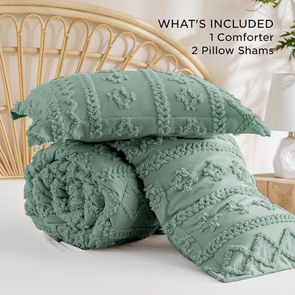 Bedsure Tufted Boho Comforter Set Full Size - Green Boho Bed Set, GentleSoft™ 3 Pieces Farmhouse Shabby Chic Embroidery Bedding, Gifts for Woman, Soft Jacquard Full Comforter for All Seasons