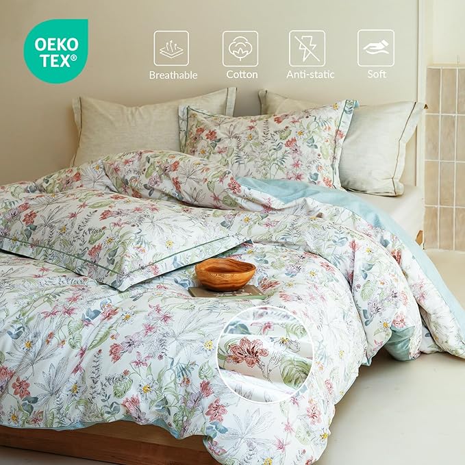Cotton Queen Size Comforter Set, 3Pcs Flower Print Botanical Comforter for All Seasons, Luxury Warmth Comfy Breathable Bedding Set with 1 Lightweight Comforter and 2 Pillow Shams