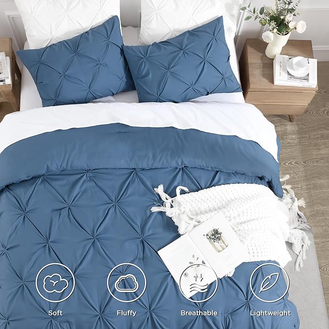 Andency Ocean Blue Pinch Pleat Comforter Full(79x90Inch), 3 Pieces(1 Down Alternative Comforter and 2 Pillowcases) Ocean Blue Bed Set Microfiber Pintuck Bedding Set