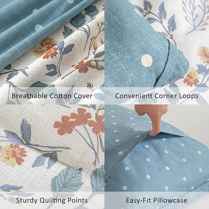 Botanical Cotton Comforter King Size - Lake Green Comforter with Dusky Blue & Warm Rust Leaves on Ivory,Reversible Lightweight Bedding Sets 3Pcs(Polka Dot)