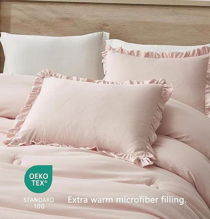 Chezmoi Collection Nora Blush Comforter Set Twin Size 2-Piece Lightweight Soft Stone-Washed Ruffled Shabby Chic Bedding for All Season