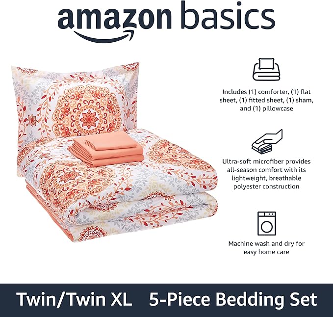 Amazon Basics Twin/Twin XL Lightweight Microfiber Comforter Bedding Set with Printed Sheets, 5-Piece Bed-in-a-Bag, Coral Medallion