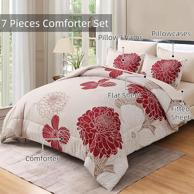 Yiran 7 Pieces King Comforter Set Red Floral Bed in a Bag Soft Microfiber Bedding Set 104"×90"(1 Comforter 1 Flat Sheet 1 Fitted Sheet 2 Pillowshams 2 Pillowcases)