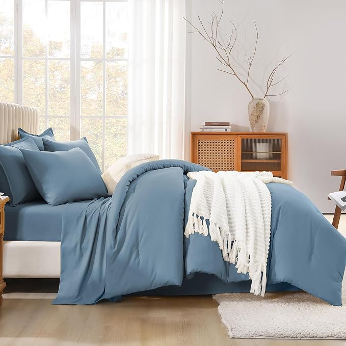 Litanika Oversized King Comforter Sets Grayish Blue - 7 Pieces Bed in a Bag Oversized King Bedding Comforter Sets, Solid Lightweight Bed Set with Comforter, Sheets, Pillowcases & Shams