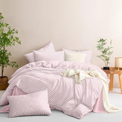 Nayoroom Pink Striped Comforter Set Queen Size White Stripe Comforter 3 Pieces Girls Soft Lightweight Pinstripe Dorm Bedding Set for All Seasons