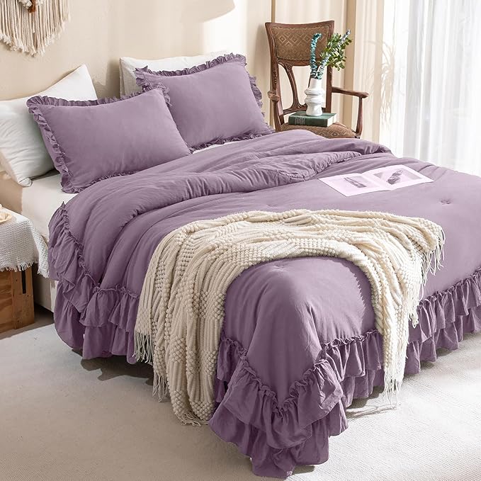 Masaca Farmhouse King Size Comforter Set,Shabby Boho Chic Bedding Grayish Purple Ruffled King Bed Comforter Vintage Rustic Bedding Sets 3 Pieces (1 Ruffle Comforter and 2 Pillowcases)