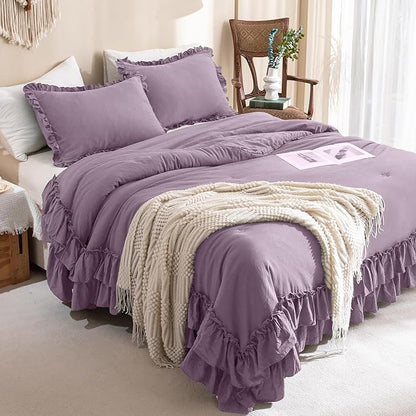 Masaca Farmhouse King Size Comforter Set,Shabby Boho Chic Bedding Grayish Purple Ruffled King Bed Comforter Vintage Rustic Bedding Sets 3 Pieces (1 Ruffle Comforter and 2 Pillowcases)