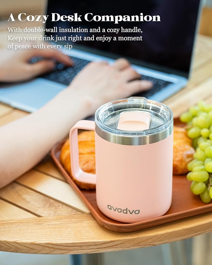 12oz Insulated Coffee Mug with Lid – Includes Two Lids, Stainless Steel Coffee Travel Mug with Handle, Double Wall Vacuum Insulated Camping Mug for Home, Office & Outdoor, Light Pink