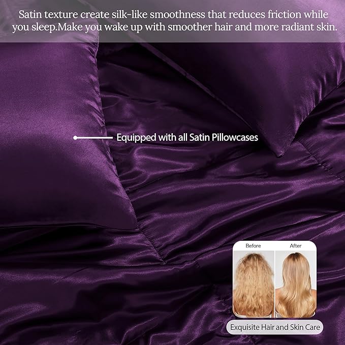 Whale Flotilla 2-Piece Reversible Silky Soft Twin Size Comforter Bedding Set, Luxurious Satin Comforters with Satin Pillowcase, Lightweight Duvet for All Seasons, Purple