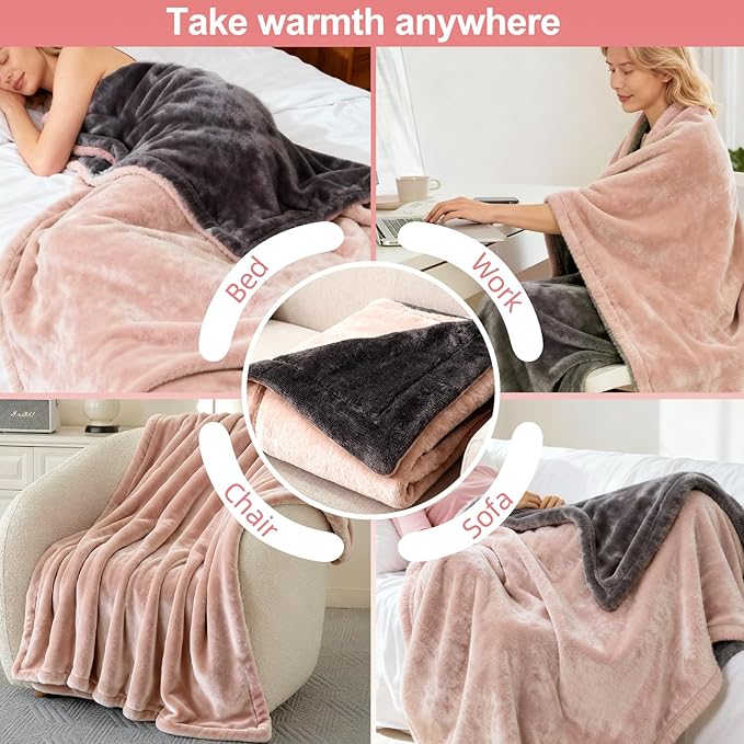 Electric Heated Blanket Throw 50" x 60" Soft Dual-Sided Flannel Fast Heating 12 Heat Levels 1–12H Timer & Overheat Protection & Auto Shut-Off & Machine Washable (Peach Pink & Gray)