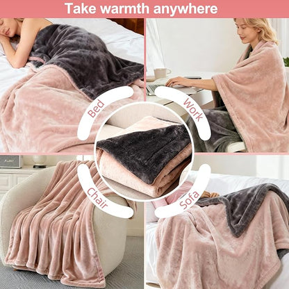 Electric Heated Blanket Throw 50" x 60" Soft Dual-Sided Flannel Fast Heating 12 Heat Levels 1–12H Timer & Overheat Protection & Auto Shut-Off & Machine Washable (Peach Pink & Gray)