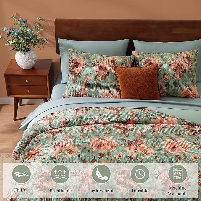 CASAAGUSTO King Comforter Set, 7 PCS Sage & Red Floral Comforter Set with Flowers Leaves Pattern, Soft Velvet Design for Winter King Size Bedding Set(102"X90")