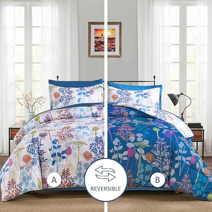 Anibedding 7Pieces Queen Comforter Set, Blue Botanical Bed in a Bag Complete Set with Sheet Pillowcase for Bedroom All Season