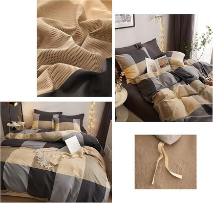HighBuy King Size Comforter Set Khaki Plaid Comforter Sets King Gingham Checkered Grid Bedding Comforter Modern Geometric Pattern King Bed Comforter Set for All Seasons with 2 Pillowcases