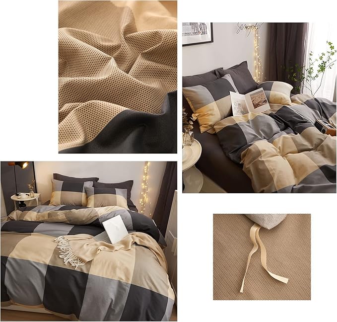 HighBuy Khaki Queen Comforter Set Buffalo Plaid Checkered Bedding Comforter Set Modern Style Gingham Comforter with 2 Pillow Shams Grid Pattern Bedding Comforter Queen for Boys Men All Season