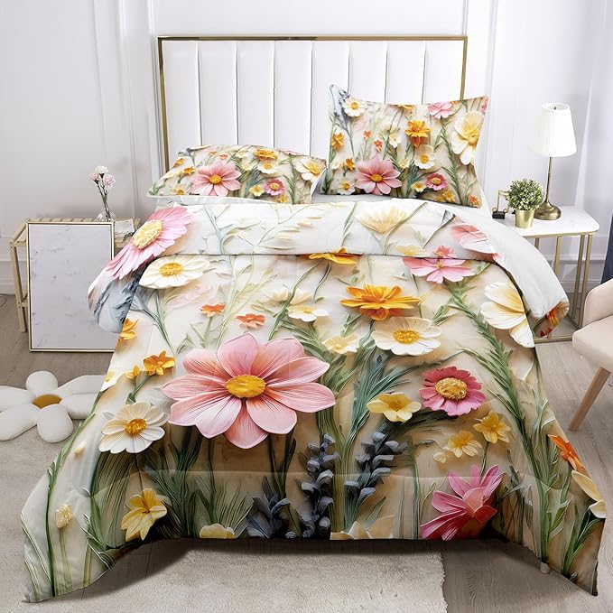 Raphus cucullatus Floral Comforter Set King Size,Pink Flower Bedding Set,Botanical Pretty Floral Quilt King Size for Modern Farmhouse Decor