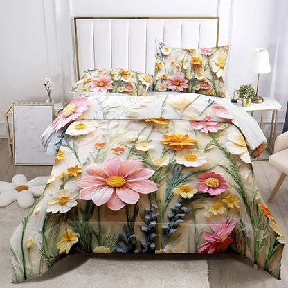 Raphus cucullatus Floral Comforter Set Queen Size,Pink Flower Bedding Set,Botanical Pretty Floral Quilt Queen Size for Modern Farmhouse Decor