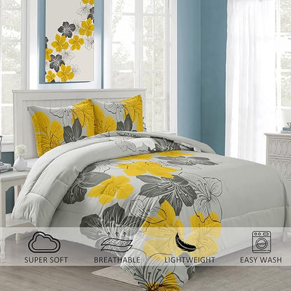 Menghomeus Floral Comforter Set Full Yellow Floral Pattern Printed on Grey - Soft Microfiber Bedding Set Lightweight Boho Bed Comforter Set for All Season, 3 Piece