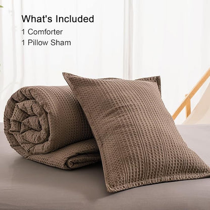 PHF Soft Waffle Comforter Set Twin Size- Comfy Breathable Waffle Weave Comforter with 1 Pillow Shams, 2 Pieces Less Snagging Lightweight Textured Bedding Set for All Season, Cocoa Brown