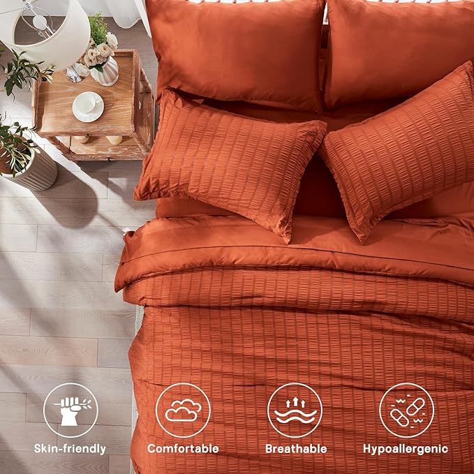 Zzlpp Full Comforter Set 7 pieces, Burnt Orange Seersucker Bed in a Bag with Sheets, Lightweight Bedding Sets with 1 Comforter, 2 Pillow Shams, 2 Pillowcases, 1 Flat Sheet, 1 Fitted Sheet