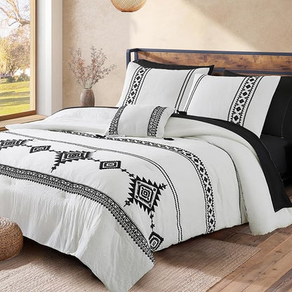 MaiRêve Embroidery Comforter Set, Boho Farmhouse Western Bedding Set, All Season Bed in A Bag Comforter Set with Sheets, Pillowcases & Shams, White Full 7 Pieces