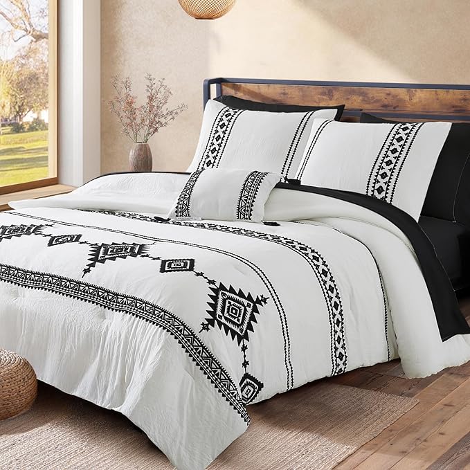 MaiRêve Embroidery Comforter Set, Boho Farmhouse Western Bedding Set, All Season Bed in A Bag Comforter Set with Sheets, Pillowcases & Shams, White California King 7 Pieces