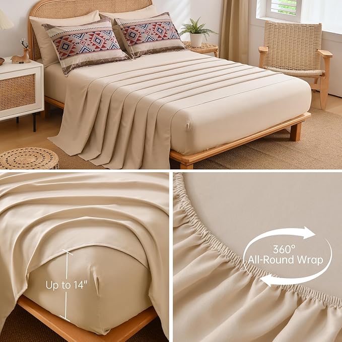 Anibedding King Size Comforter Set 7 Pieces Light Khaki Brown Farmhouse Bedding Comforter Set, Boho Aztec Bed in a Bag Soft Microfiber Bed Set with Sheets, Pillowcases & Shams