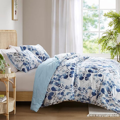 Lightweight Seersucker Botanical Twin Size Comforter Set, 2 Pieces Reversible Design Bed Comforter, Premium Microfiber Bedding Set, Comforter and Sham Set, Blue